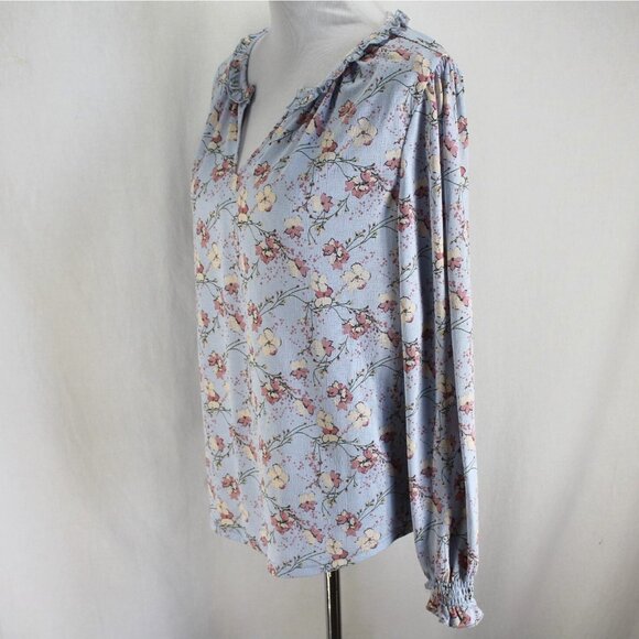Melloday Womens Top Size L Blue Pink Ivory Floral Long Sleeve V Neck Pullover - Picture 3 of 7